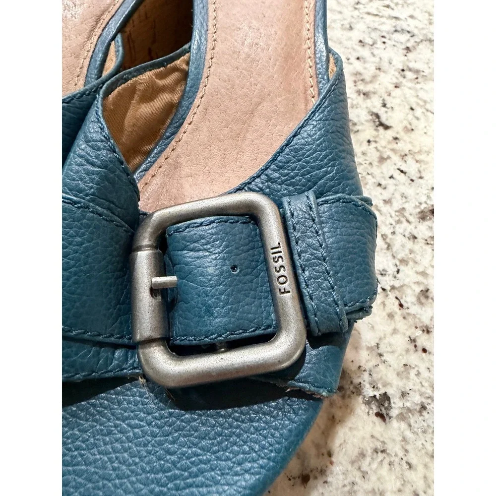 Fossil Blue Pebbled Leather Cork Wedge Sandals Buckle Slide FFW4214470 Size 8
